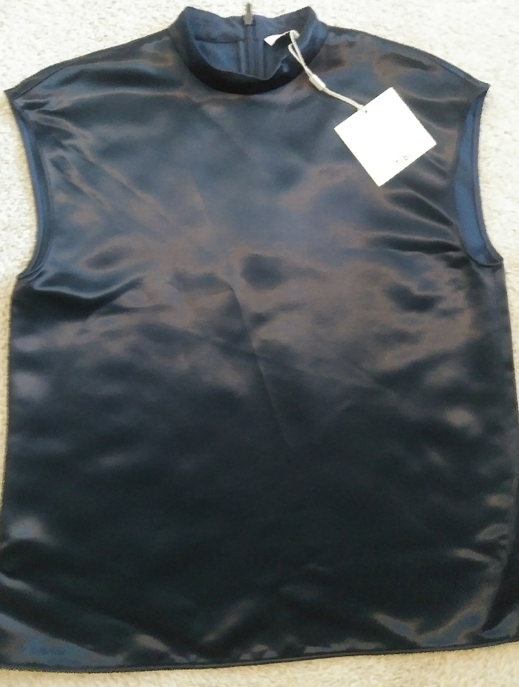 NWT Tibi Navy Satin Mock Neck Top Size S
